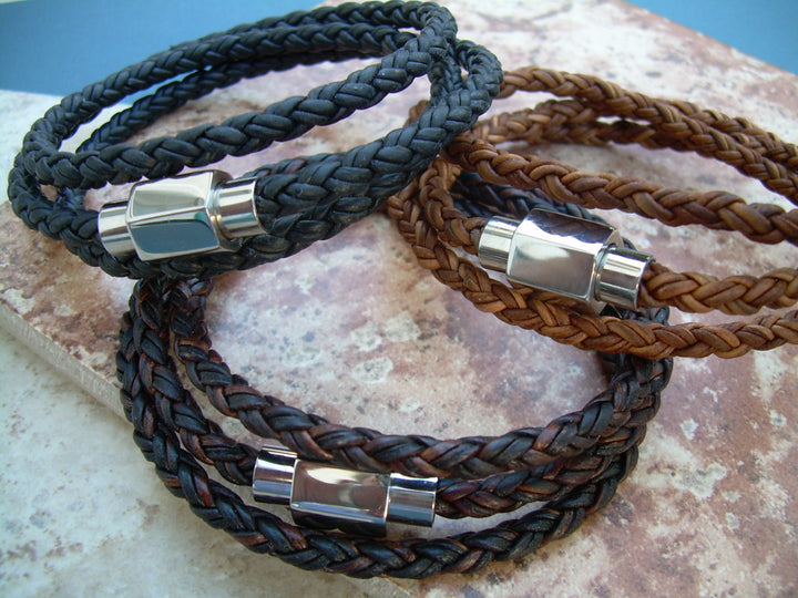 Mens Triple Wrap Braided Leather Bracelet with Stainless Steel Magnetic Clasp, Mens Jewelry, Mens Bracelet, Leather Bracelet, Fathers Day - Urban Survival Gear USA
