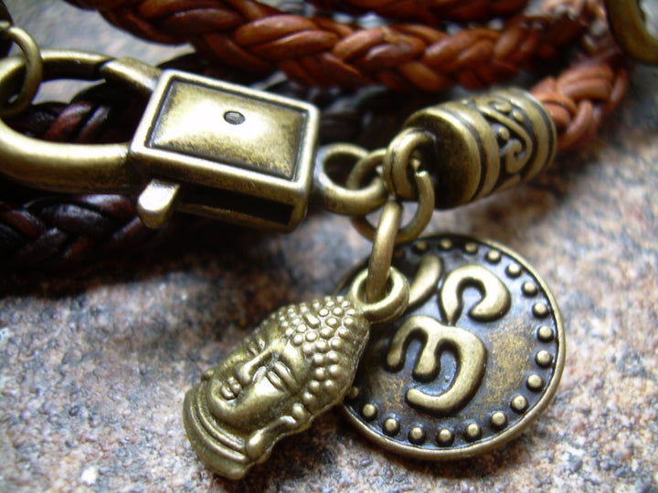 Braided Leather Bracelet with Om and Buddha Charms - Urban Survival Gear USA