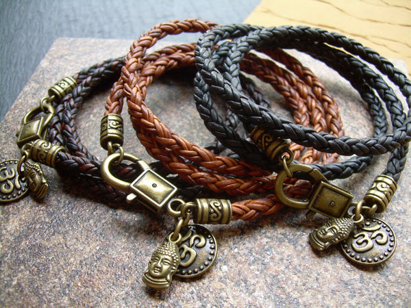 Braided Leather Bracelet with Om and Buddha Charms - Urban Survival Gear USA