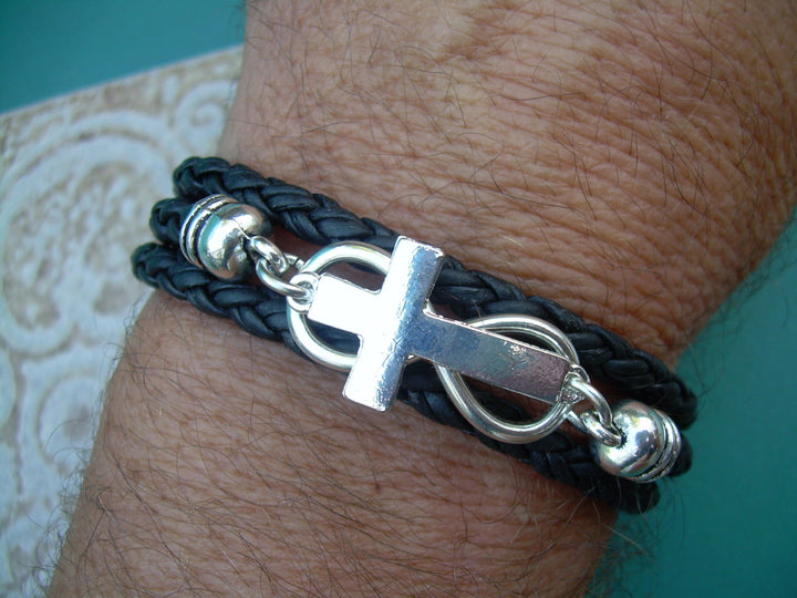 Triple Wrap Braided Leather Infinity Cross Bracelet - Urban Survival Gear USA