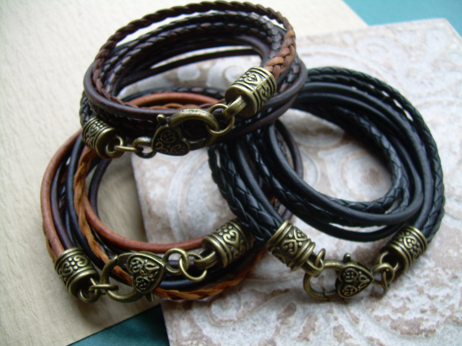 Womens Thick Chunky Multi Strand Leather Bracelet with Bronze