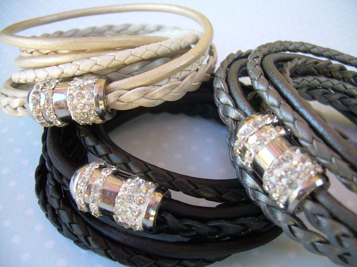 Womens Bracelet, Leather Bracelets for Women, Leather Bracelet, Leather Wrap Bracelet, Rhinestone,  Magnetic Clasp, Womens Jewelry, - Urban Survival Gear USA