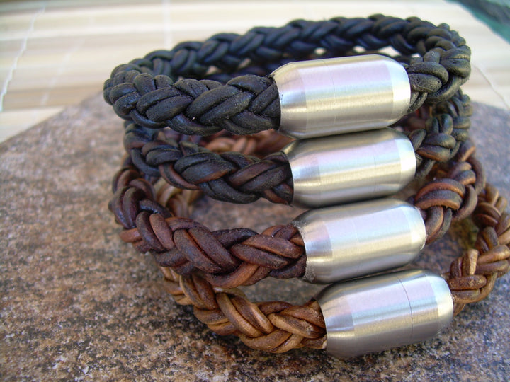 Thick Braided Leather Bracelet with Matte Stainless Steel Magnetic Clasp - Urban Survival Gear USA