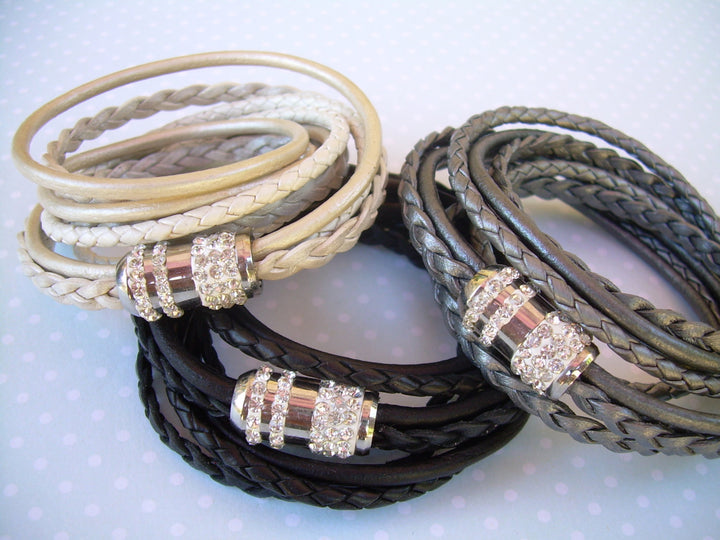 Womens Bracelet, Leather Bracelets for Women, Leather Bracelet, Leather Wrap Bracelet, Rhinestone,  Magnetic Clasp, Womens Jewelry, - Urban Survival Gear USA