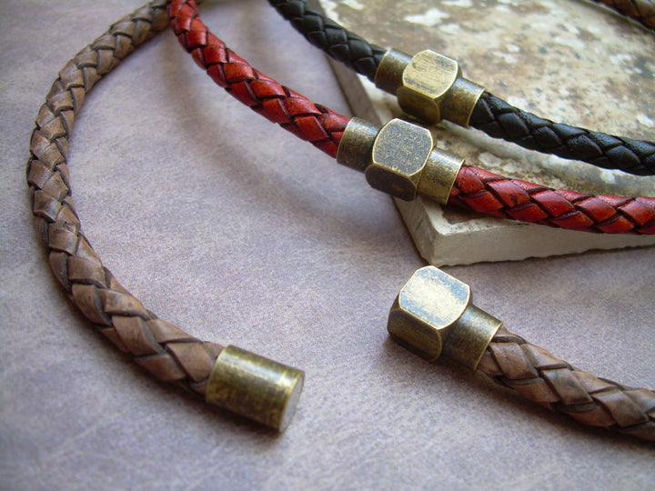 Mens Leather Necklace,  Antique Brass , Magnetic Clasp, Braided Leather Necklace, Mens Necklace,Mens Jewelry, Brass, Mens Gift, Gift for Him - Urban Survival Gear USA