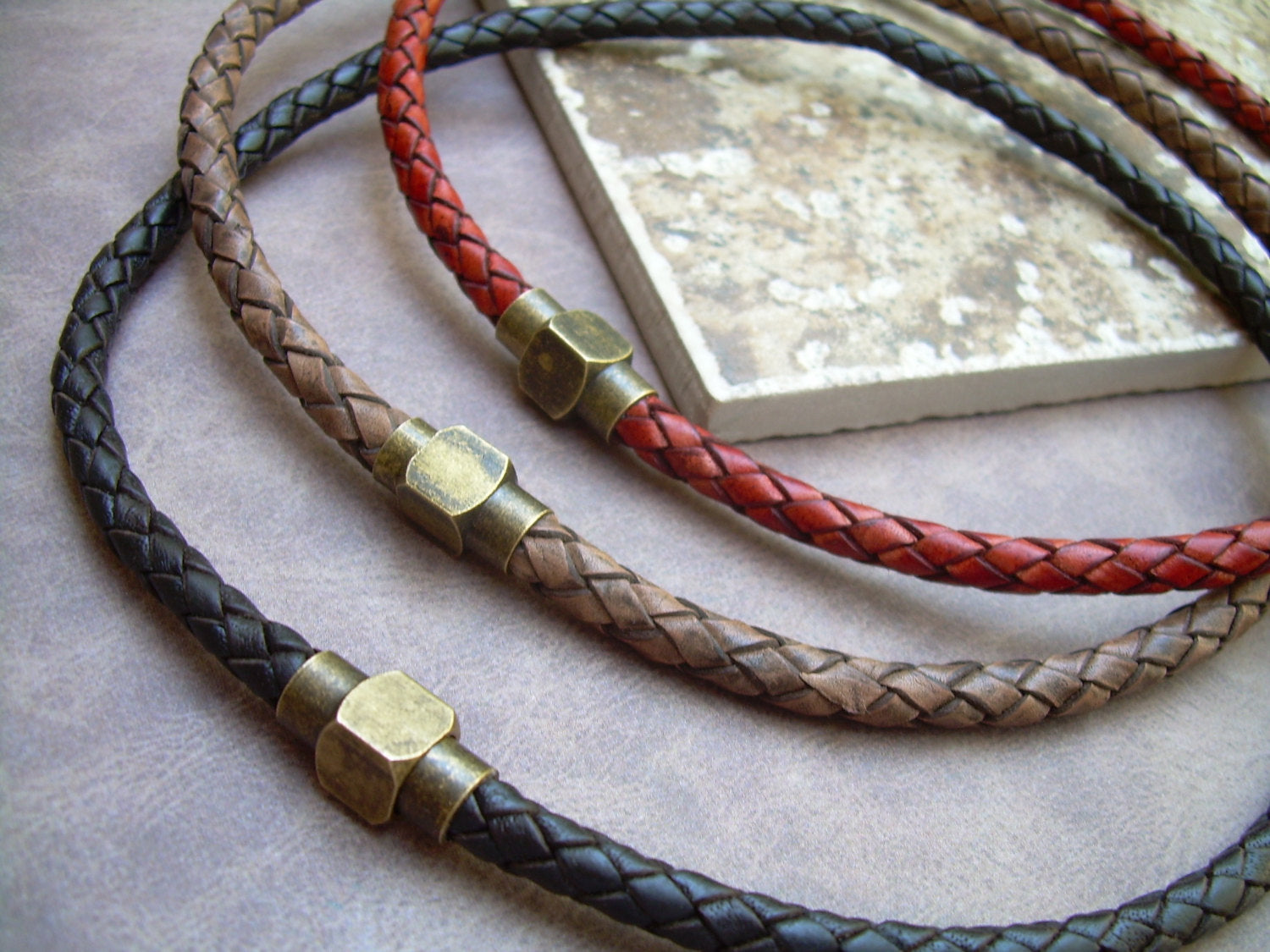 Mens Braided Leather Necklace With 9ct Gold Clasp Genuine Light Brown  Leather | eBay