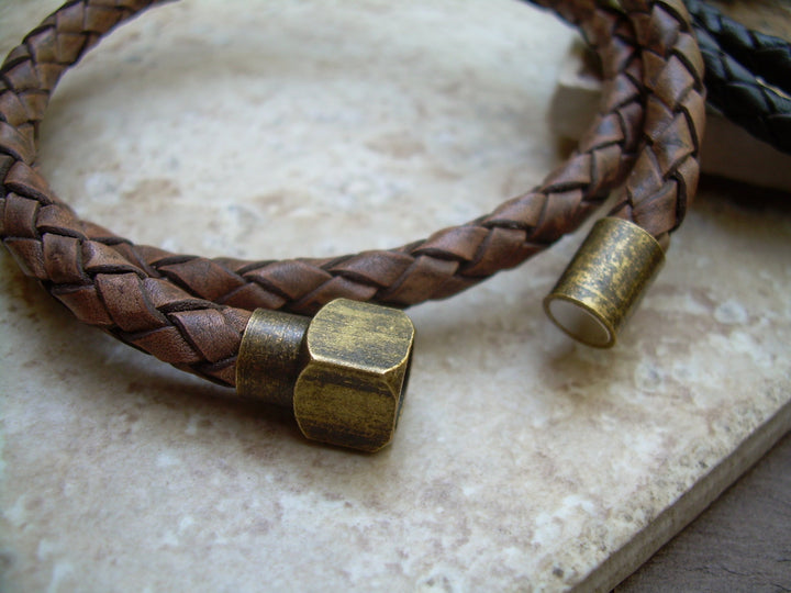 Mens Double Wrap Braided Leather Bracelet with Antique Brass Magnetic Clasp,Leather Bracelet, Mens Bracelet,Mens Jewelry,Braided Bracelet, - Urban Survival Gear USA