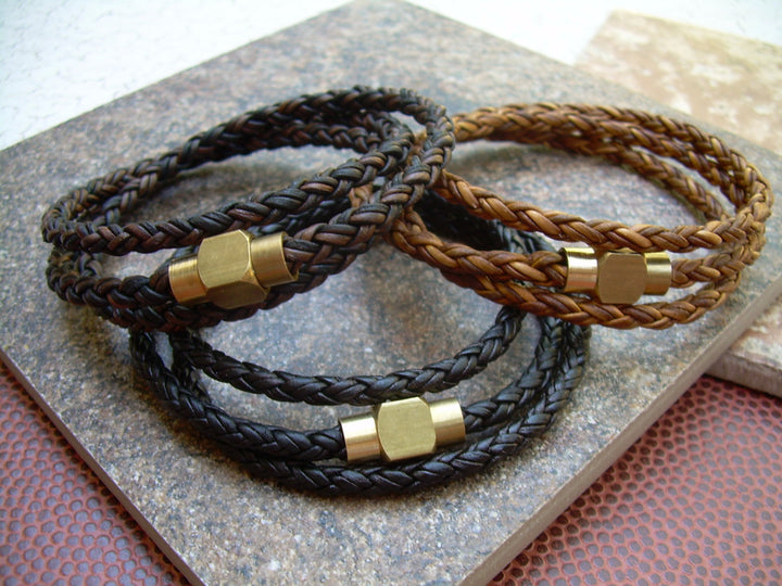 Leather Bracelet With Raw Brass Magnetic Clasp, Mens Triple Wrap Braided, Mens Jewelry, Mens Bracelet, Leather Bracelet, Mens Wrap Bracelet - Urban Survival Gear USA