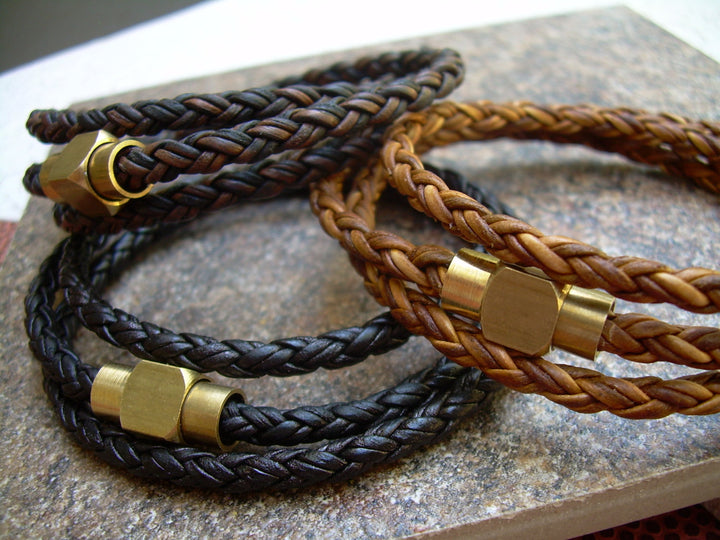 Leather Bracelet With Raw Brass Magnetic Clasp, Mens Triple Wrap Braided, Mens Jewelry, Mens Bracelet, Leather Bracelet, Mens Wrap Bracelet - Urban Survival Gear USA
