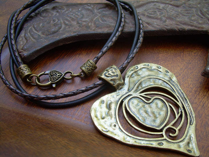 Large Heart Pendant Necklace, Heart Pendant on a Leather Necklace, Heart Necklace, Womens Jewelry, Heart Pendant, Pendant, Womens Gift, - Urban Survival Gear USA