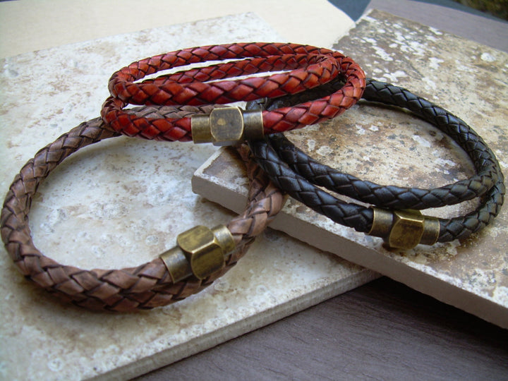 Men's Bracelet Leather Bacelets for Men Men's Bracelets Leather Braided Leather Bracelet Bronze Magnetic Clasp Bracelet - Urban Survival Gear USA