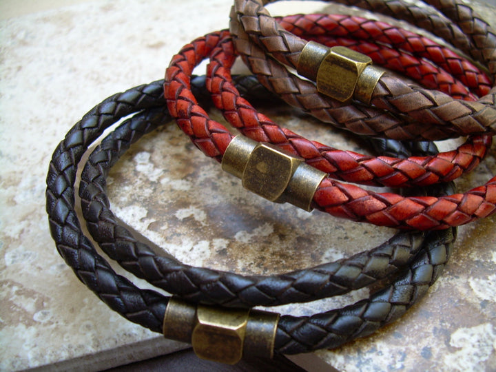 Mens Double Wrap Braided Leather Bracelet with Antique Brass Magnetic Clasp,Leather Bracelet, Mens Bracelet,Mens Jewelry,Braided Bracelet, - Urban Survival Gear USA