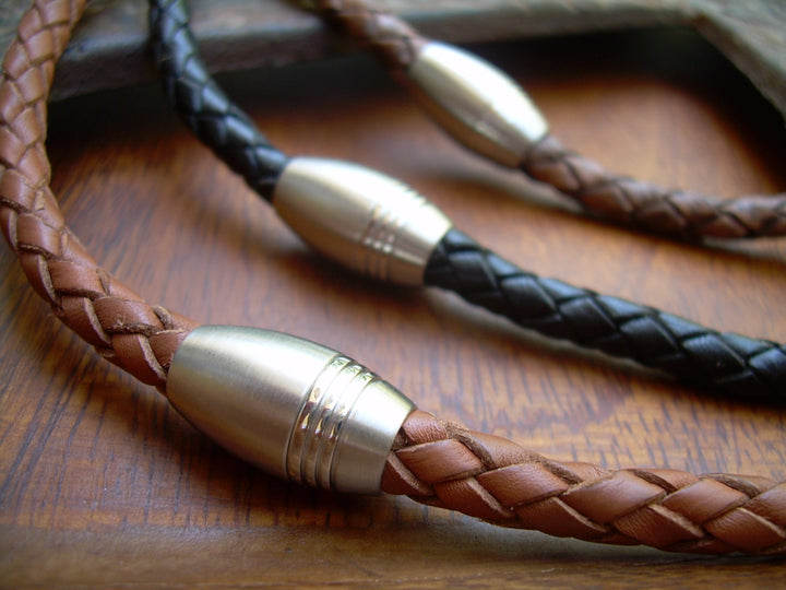 Braided Leather Necklace with Matted Stainless Steel Magnetic Clasp - Urban Survival Gear USA