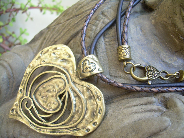 Antique Bronze Heart Pendant On A Leather Necklace - Urban Survival Gear USA