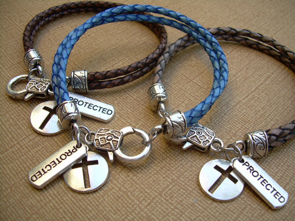 Cross Bracelet, Leather Charm Blessing Bracelet, Cross and Protected Charms, Womens Bracelet, Religious Gift, Mens Jewelry, Womens Jewelry, - Urban Survival Gear USA
