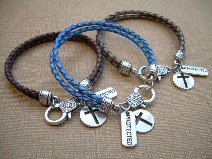 Cross Bracelet, Leather Charm Blessing Bracelet, Cross and Protected Charms, Womens Bracelet, Religious Gift, Mens Jewelry, Womens Jewelry, - Urban Survival Gear USA