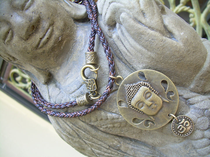 Large Bronze Buddah Pendant and Om Charm Leather Necklace - Urban Survival Gear USA
