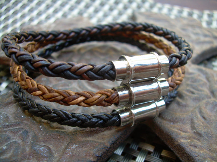 Braided Leather Bracelet with Triple Barrel Stainless Steel Magnetic Clasp - Urban Survival Gear USA