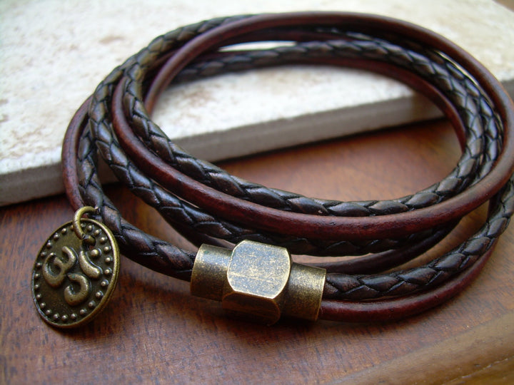 Leather Triple Wrap Bracelet with Om Charm and Antique Brass Magnetic Clasp, Leather Bracelet, Mens Bracelet, Womens Bracelet, Om, Namaste, - Urban Survival Gear USA
