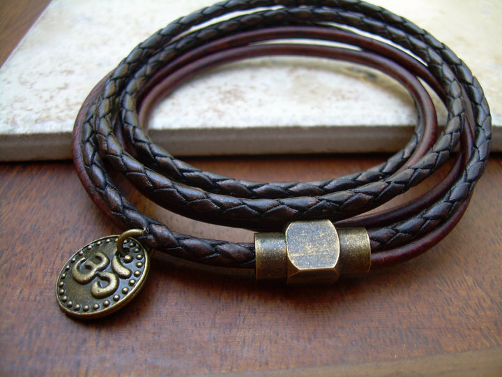 Om Charm Triple Wrap Leather Bracelet with an Antique Brass Magnetic Clasp,Leather Bracelet, Mens Bracelet,Womens Bracelet,Om, Namaste,Yoga - Urban Survival Gear USA
