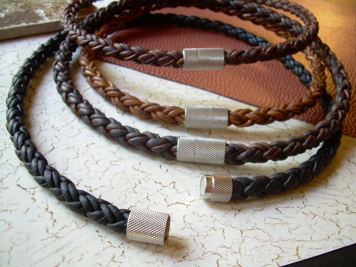 Thick Braided Leather Necklace with Industrial Stainless Steel Magnetic Clasp - Urban Survival Gear USA