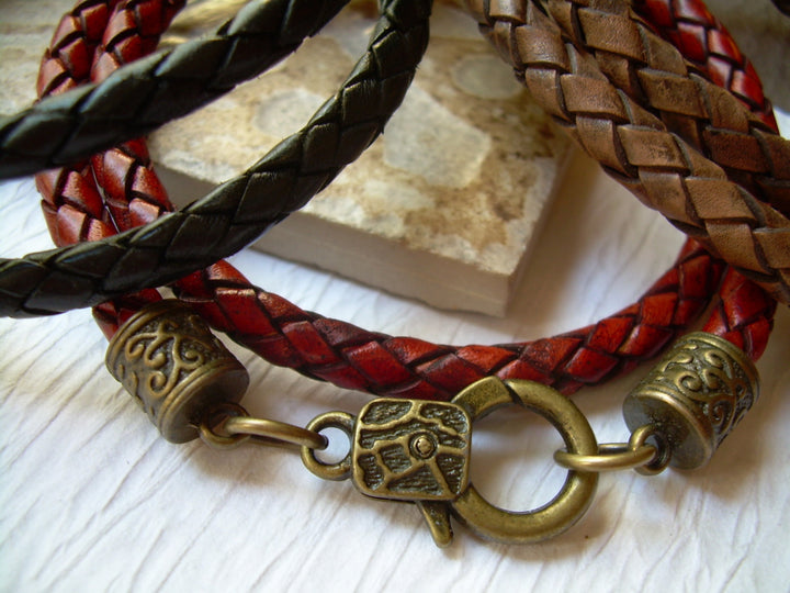 Double Wrap Braided Leather Bracelet with Antique Bronze Caps and Clasp - Urban Survival Gear USA