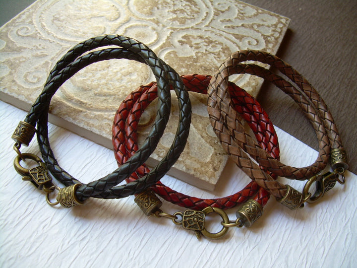 Double Wrap Braided Leather Bracelet with Antique Bronze Caps and Clasp - Urban Survival Gear USA