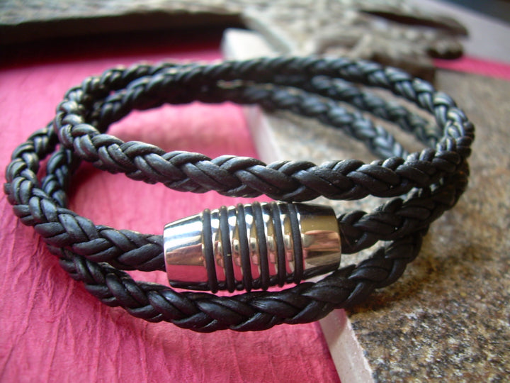 Mens Triple Wrap Braided Leather Bracelet,  Stainless Steel, Fathers Day,Magnetic Clasp, Mens Jewelry, Mens Bracelet, Leather Bracelet - Urban Survival Gear USA