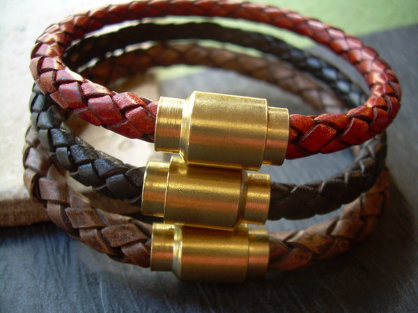 Braided Leather Bracelet with Industrial Styled Brass Magnetic Clasp - Urban Survival Gear USA