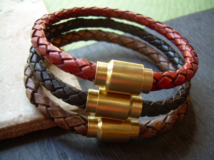 Braided Leather Bracelet with Industrial Styled Brass Magnetic Clasp - Urban Survival Gear USA