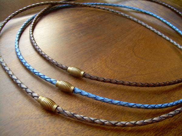 Thin Braided Leather Necklace With Brass Magnetic Clasp - Urban Survival Gear USA